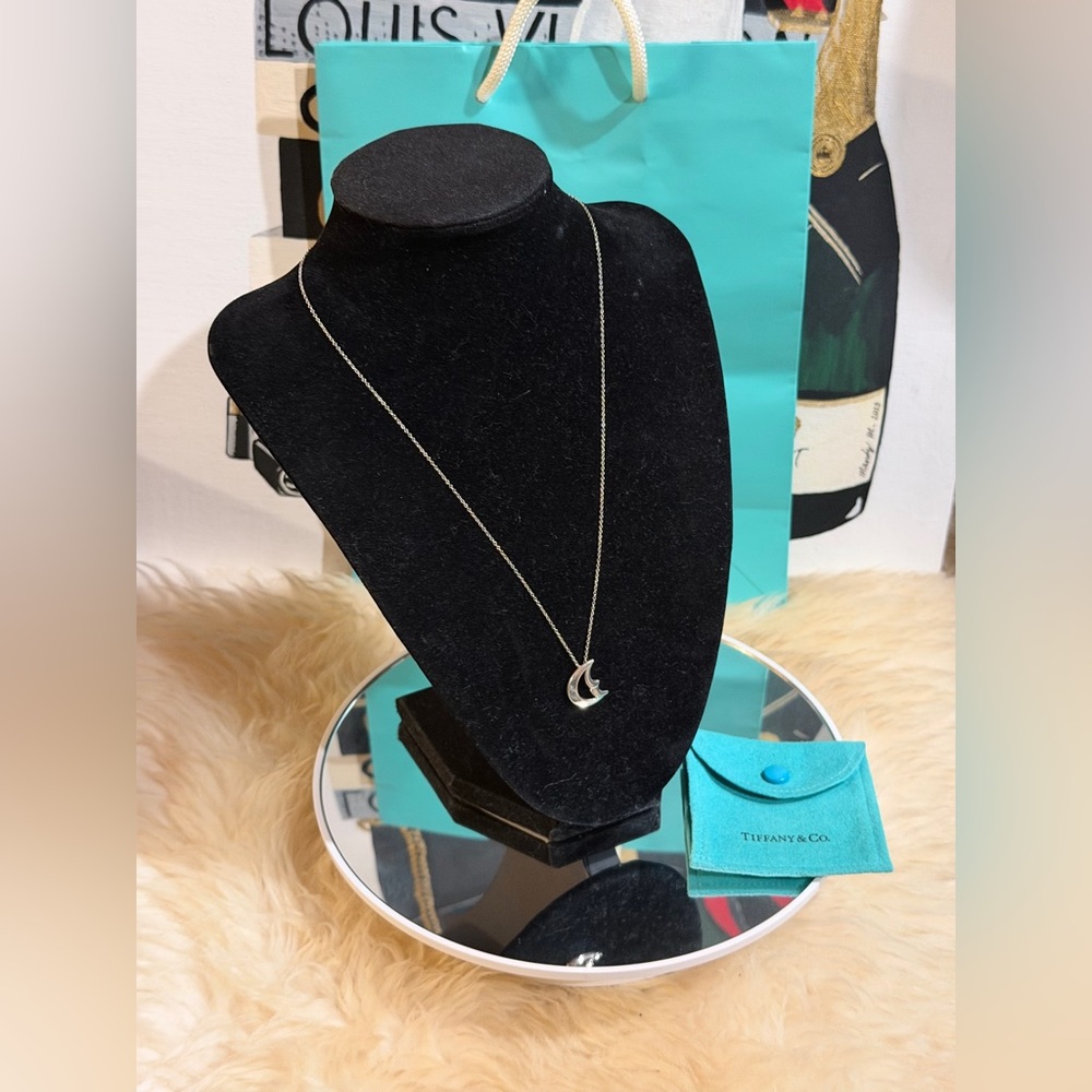 🔥 TIFFANY & Co. CRESCENT MOON PENDANT NECKLACE By PICASSO 925 SILVER w/ Pouch